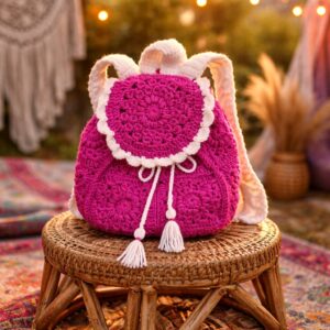Ohhh this one is FUN fun. Hot pink + granny squares? Teen dream energy. 💖✨ Here’s a polished description you can use across your website, Shopify, and social: --- **Hot Pink Granny Square Backpack** Bold. Playful. Totally eye-catching. This hot pink granny square backpack is made for teens and young adults who love standing out and carrying something a little different. Handcrafted with soft and durable **Red Heart Soft yarn**, it’s lightweight, comfy, and ready for everyday adventures. Finished with crisp white trim for that extra pop, this backpack blends retro vibes with modern personality. **Details:** * Hand-crocheted granny square design * Made with Red Heart Soft yarn * Lined inner bag for added durability * Lined straps for comfortable wear * Crocheted hook-and-loop closure * Perfect for school, festivals, shopping, or everyday outings This isn’t just a backpack — it’s a statement piece. Fun, functional, and full of personality. Carry your essentials. Carry your vibe. 💗